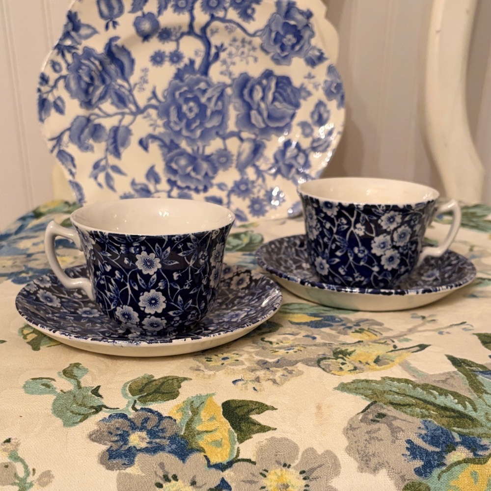 Calico Blue and White Chintz Tea Cup and Saucer Set of Two